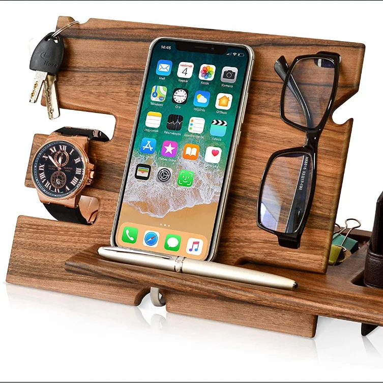 

JUNJI Organizer Wood Cell Phone Stand Watch Holder Men Wood Charging Docking Station Personalized Charging Gift Station