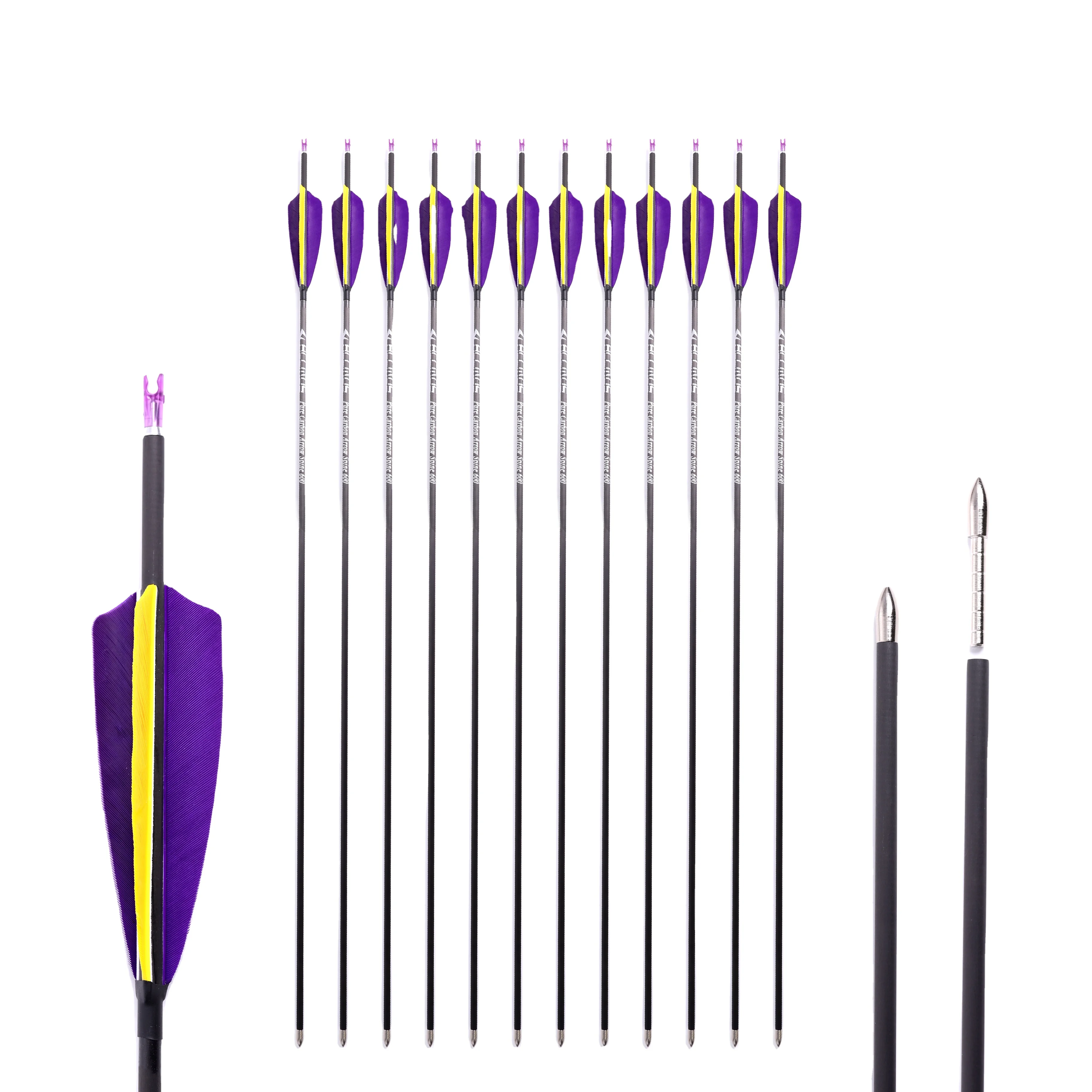 

Id 4.2mm 32" Pure Carbon Arrow Shafts Archery Bow And Arrow Outdoor Carbon With Arrowhead Point Yellow And Purple Turkey Feather