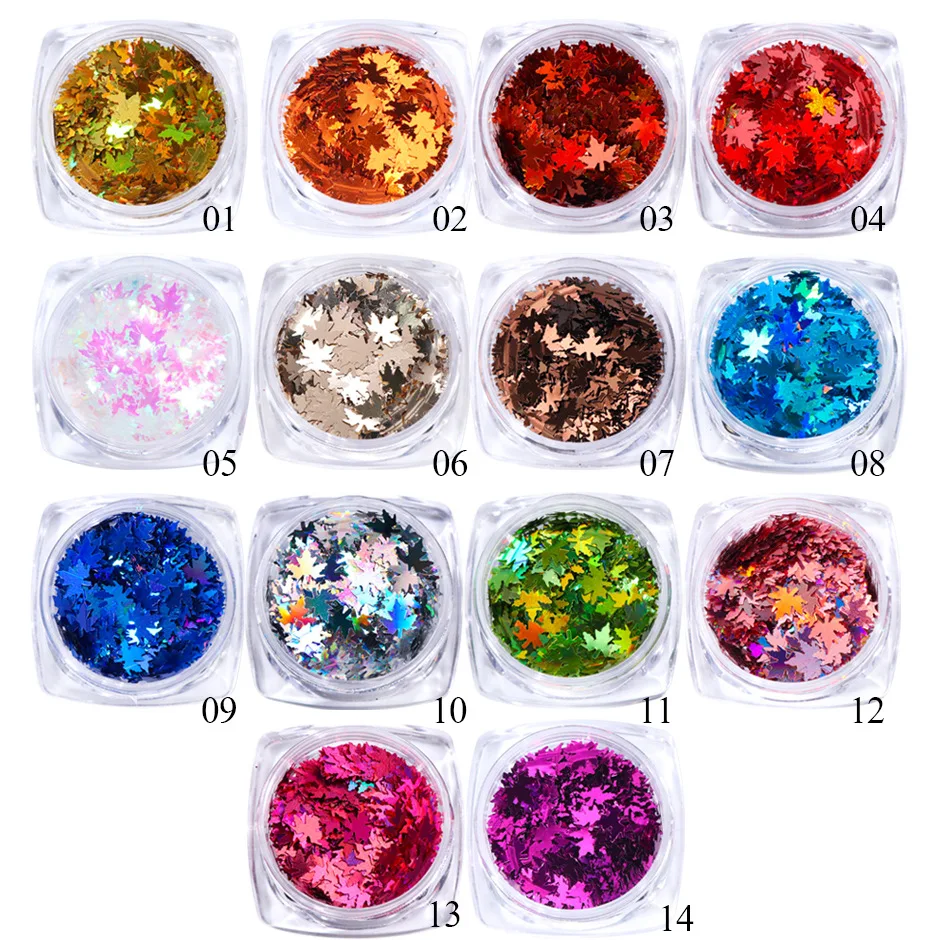 

3D Sticker Manicure Maple Leaf Nail Sequins Flakes Laser Mirror Glitter Holographic Paillettes Fall Nail Art Design, 14 colors