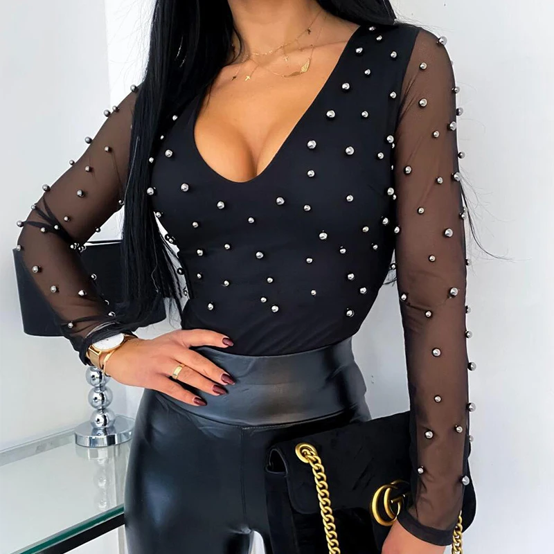

Sexy Mesh Net Night Club Blouse Shirt Woman Elegant Long Sleeve Beading Slim Fit Tops Women Lady Clothing Blouses And Tops