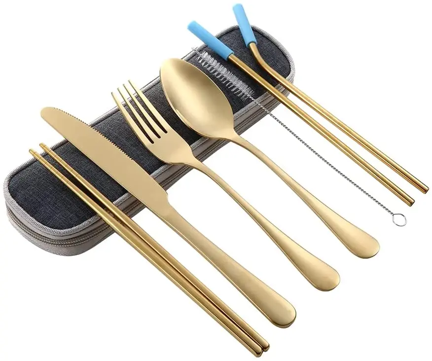 

Tableware Stainless Steel Cutlery set Straw Dinnerware Set Spoon Fork Chopsticks with Straw Portable Case, Gold