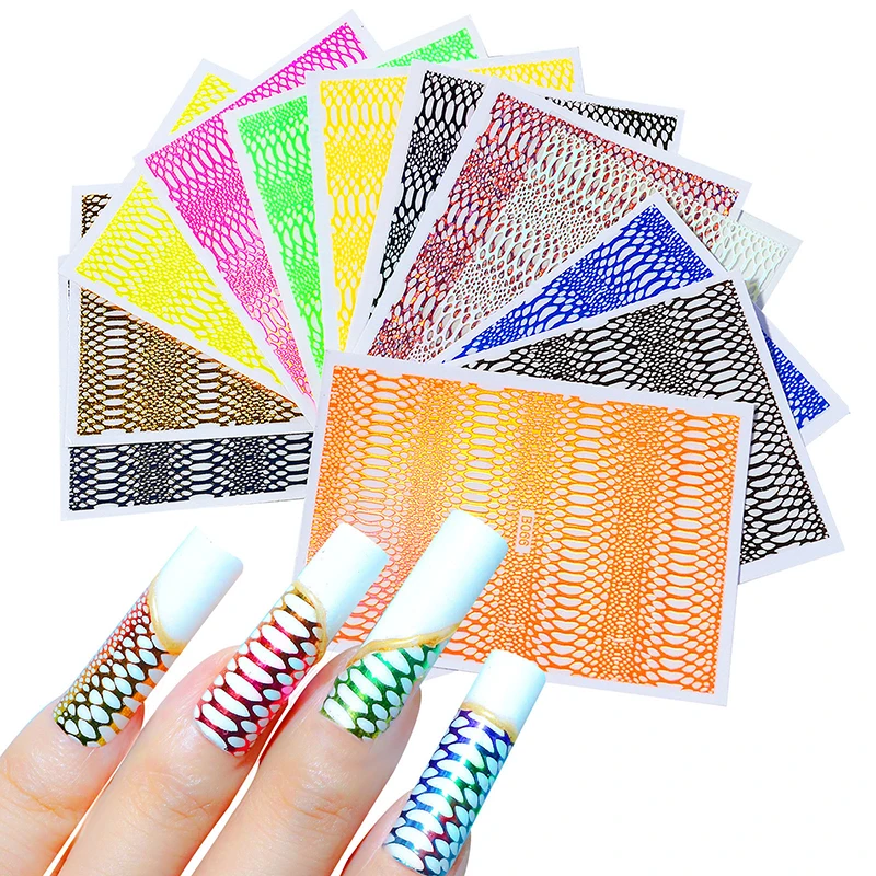

B066 12pcs/set Long Snake Skin Print Nail Stickers Hollow Decals, 12 style