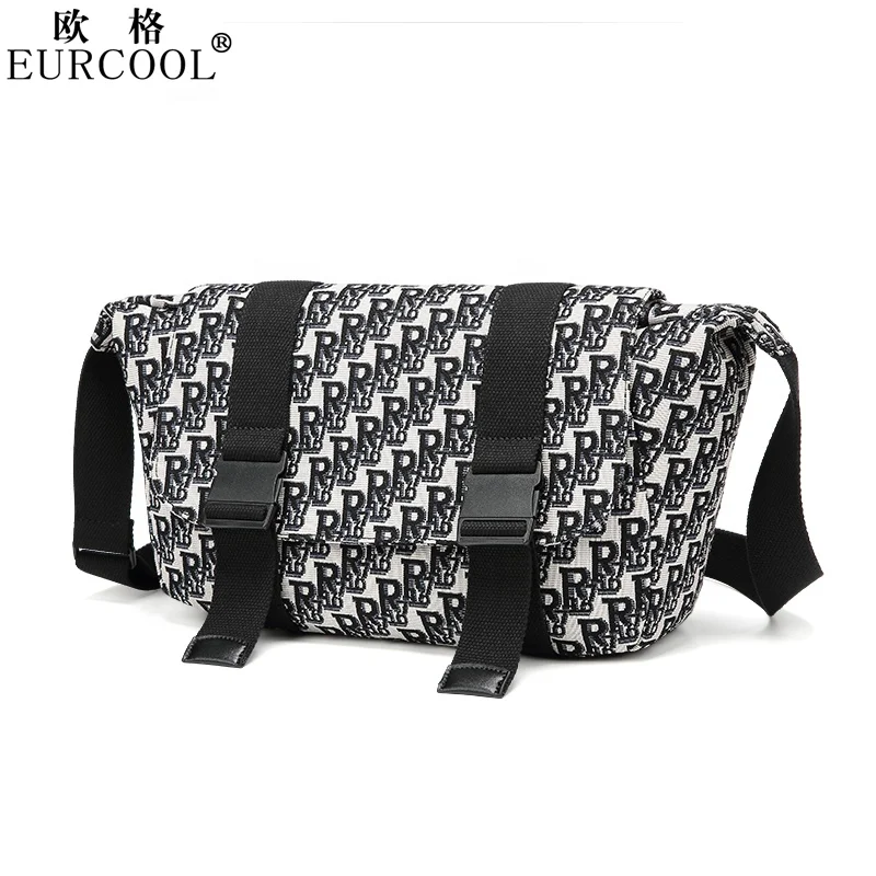 

Eurcool Fashion Casual Unisex Letter Print Canvas Single Strap Women Men Messenger Shoulder Bag Crossbody, Black / creamy white