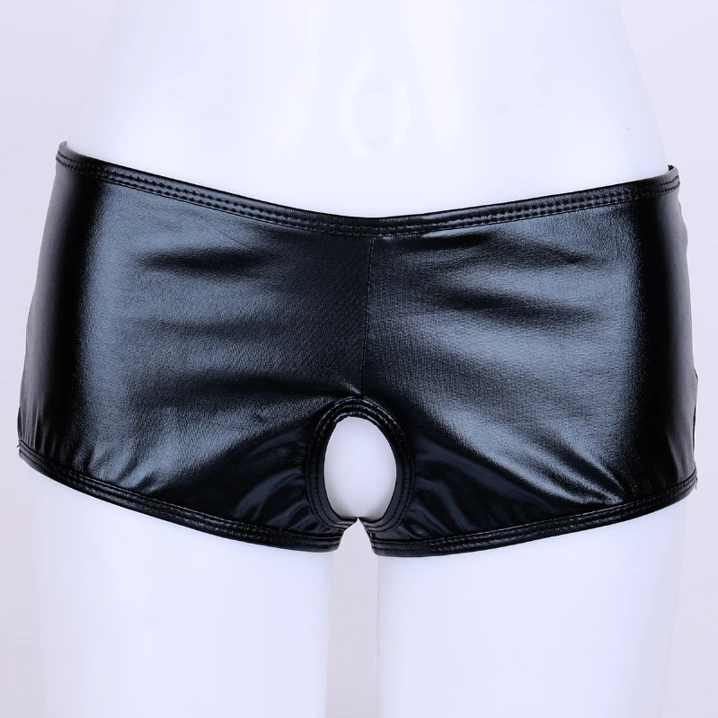 

iEFiEL Women Leather Underwear With V-Back Mini Briefs Bikini Brief Open Crotch Underwear Underpants Clubwear