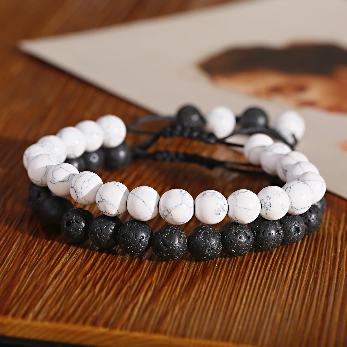 

2 Pcs Fashion White Howlite Black Rock Lava Agate Couples Distance Energy Beads Adjustable Bracelets Jewelry, Multi-colors