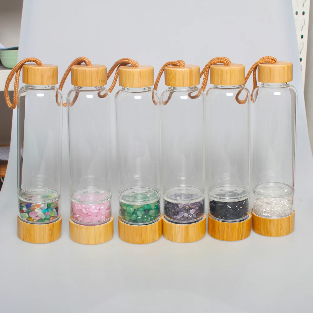 

Natural bamboo crystal infused glass water bottle infused healing crystal water bottle