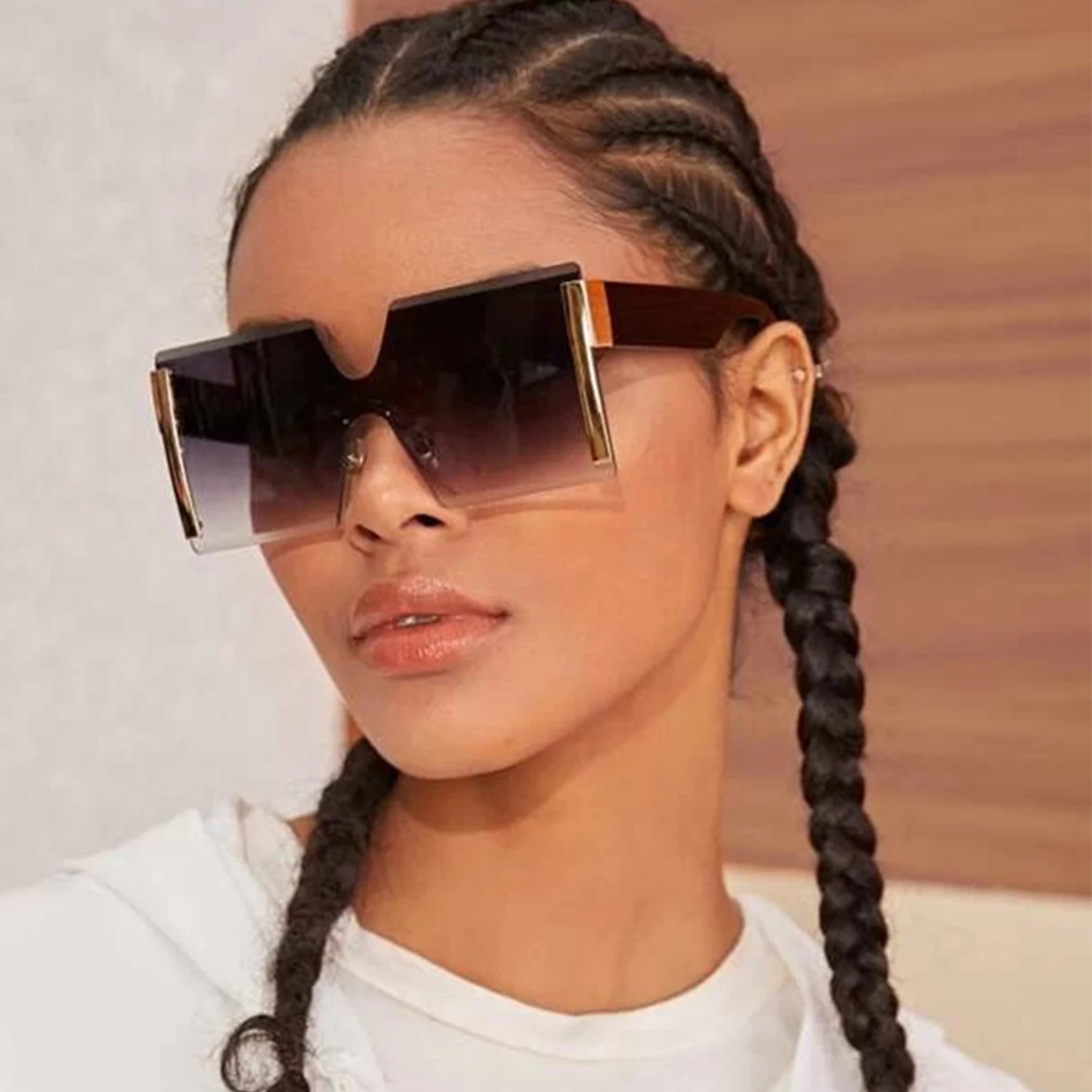 

2021 womens fashion one piece big metal frame oversized sunglasses glasses