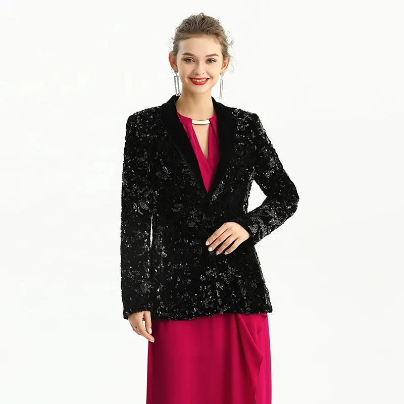 

J155-7 Spring Summer Fall High Quality Fashion Elegant Long stretched velvet sequined Evening Casual Women Outer Jackets Coats