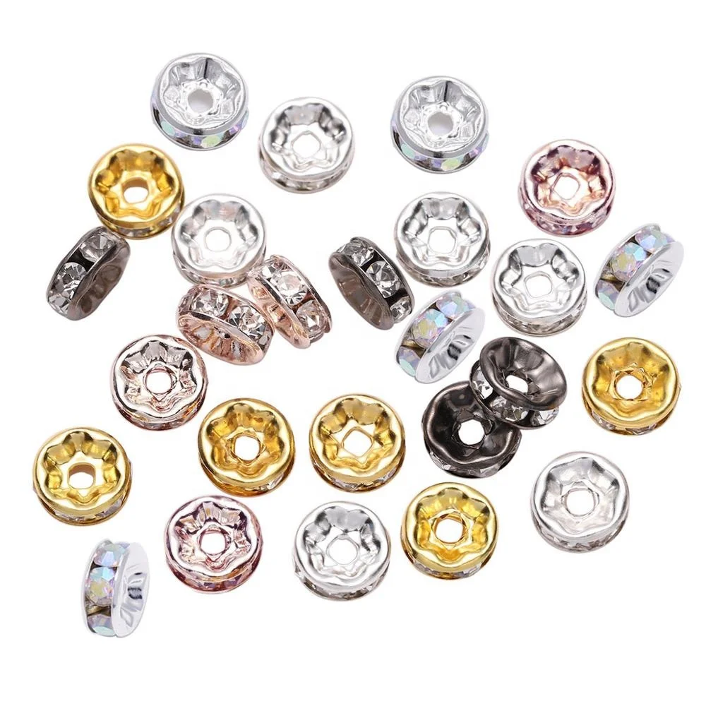 

50pcs/lot 4 6 8 10mm Gold Silver Rhinestone Rondelles Crystal Bead Loose Spacer Beads for DIY Jewelry Making Accessories Supplie, Silver/gold/black/red/yellow/green/blue