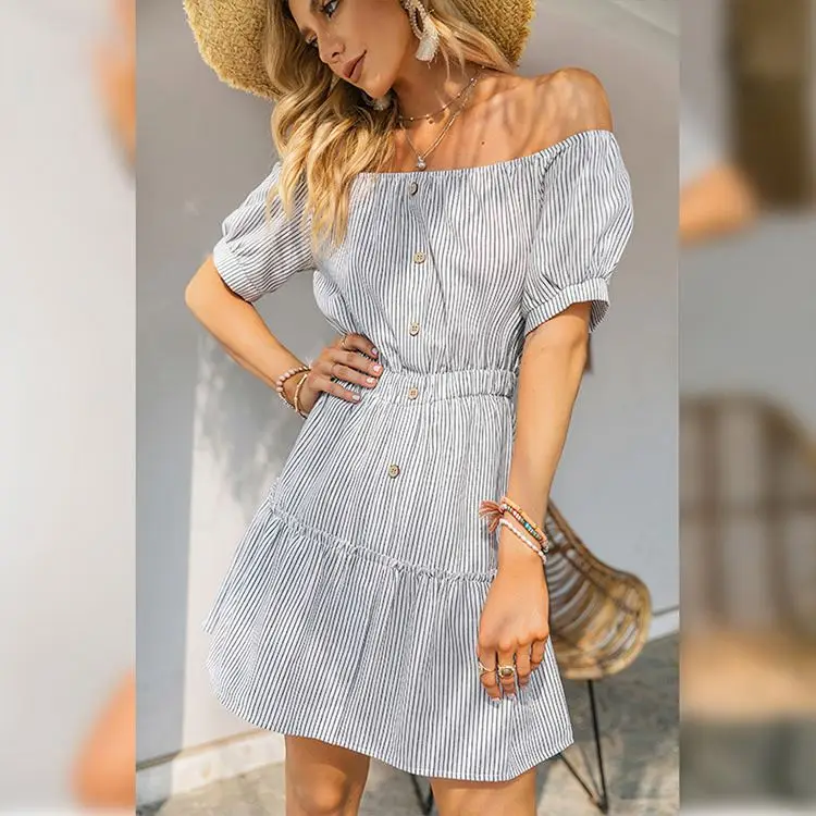 

PEARL robe femme Summer Off Shoulder Strip Button Woman Casual Dress 2021 Women Sexy Dress