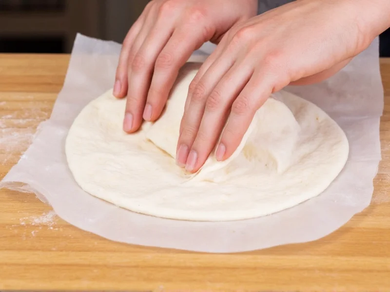 Hand pressing tortilla dough between parchment paper