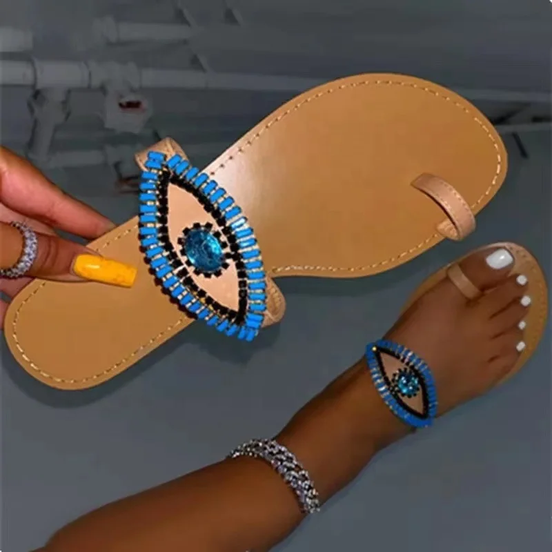 

Women Sandals 2021 New Round Toe Flat Slippers Female Cross Rhinestone Jewel Cartoon Blingbling Slippers, Picture
