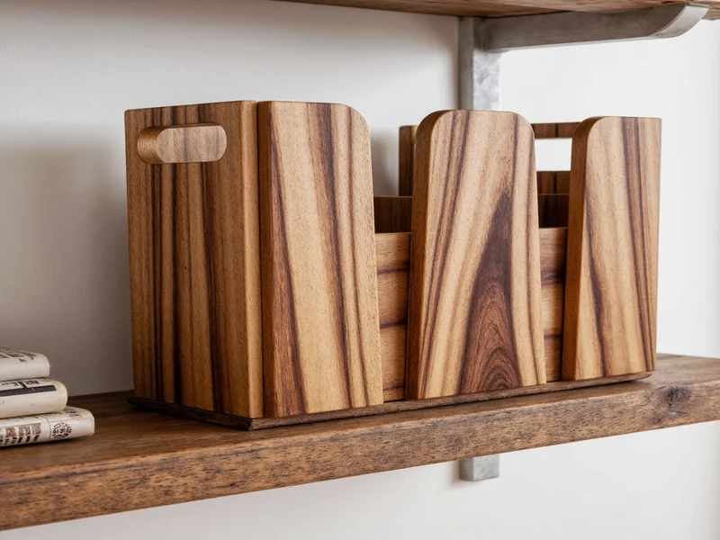 Handmade reclaimed wood magazine rack on rustic shelf