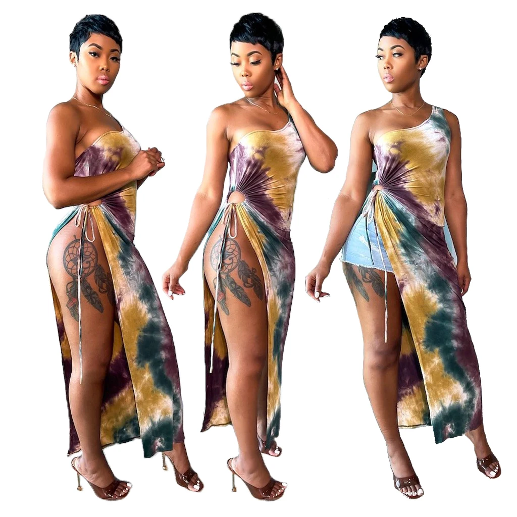

Wholesale maxi dress ladies Tie-dye slit tie Casual Dresses With Printed long dresses