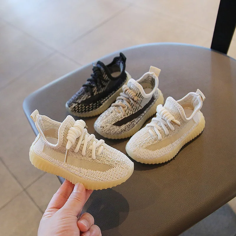 

2022 New Style Kids Yezzy Sneakers Breathable Knitted Light-weight Casual Shoes, Black / beige / brown