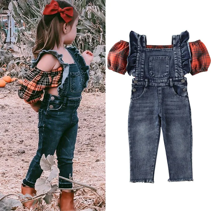 

Boutique Kid Clothes Fashion Kids Baby Girl Clothes Sets Plaid Print Puff Sleeve Vest Crop Top+ Denim Suspender Pants Outfit, As picture