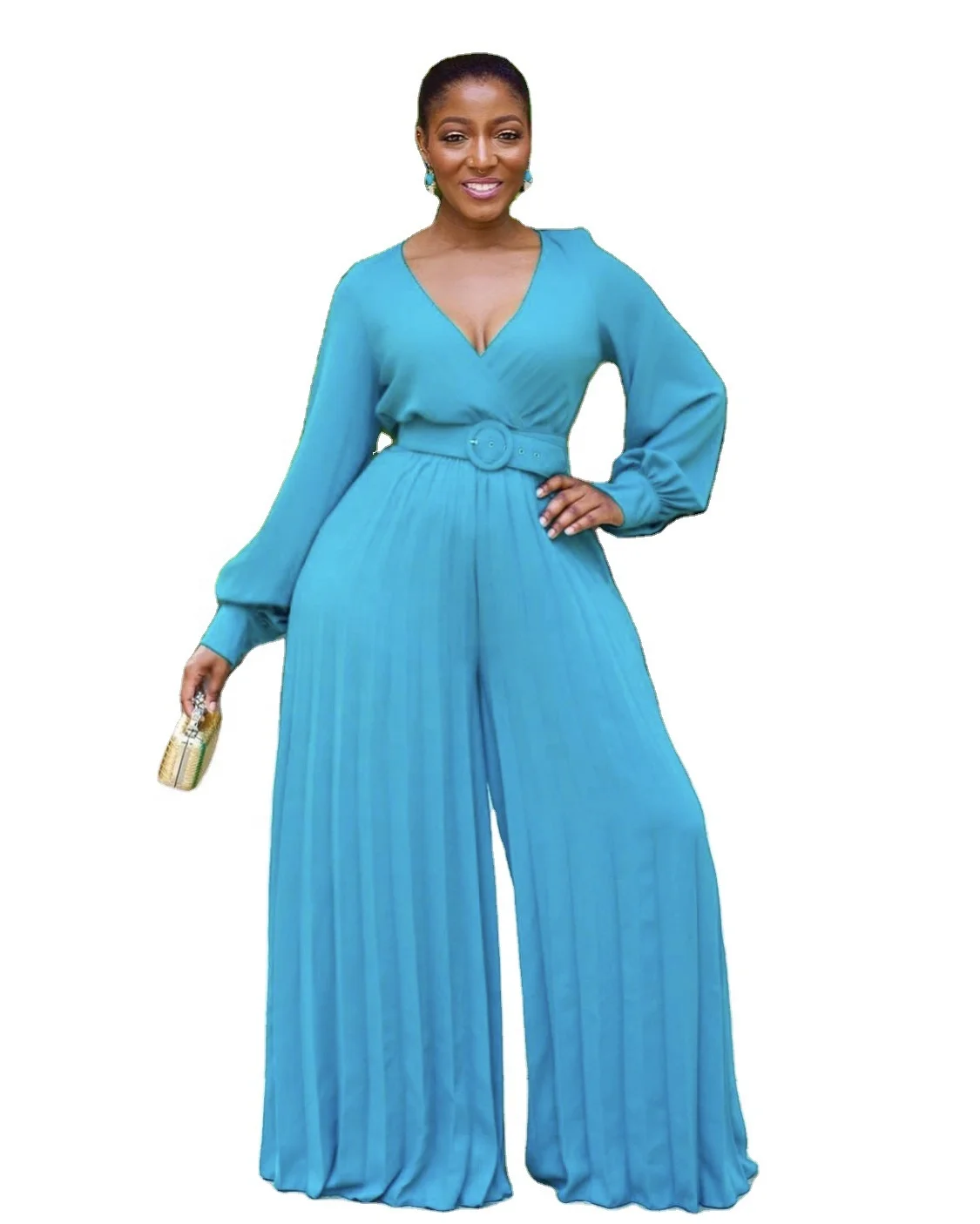 

SYX V-Neck Lantern Sleeves Mopping Floor Pleated Wide-Leg Pants Loose Plus Size Jumpsuit, Picture color