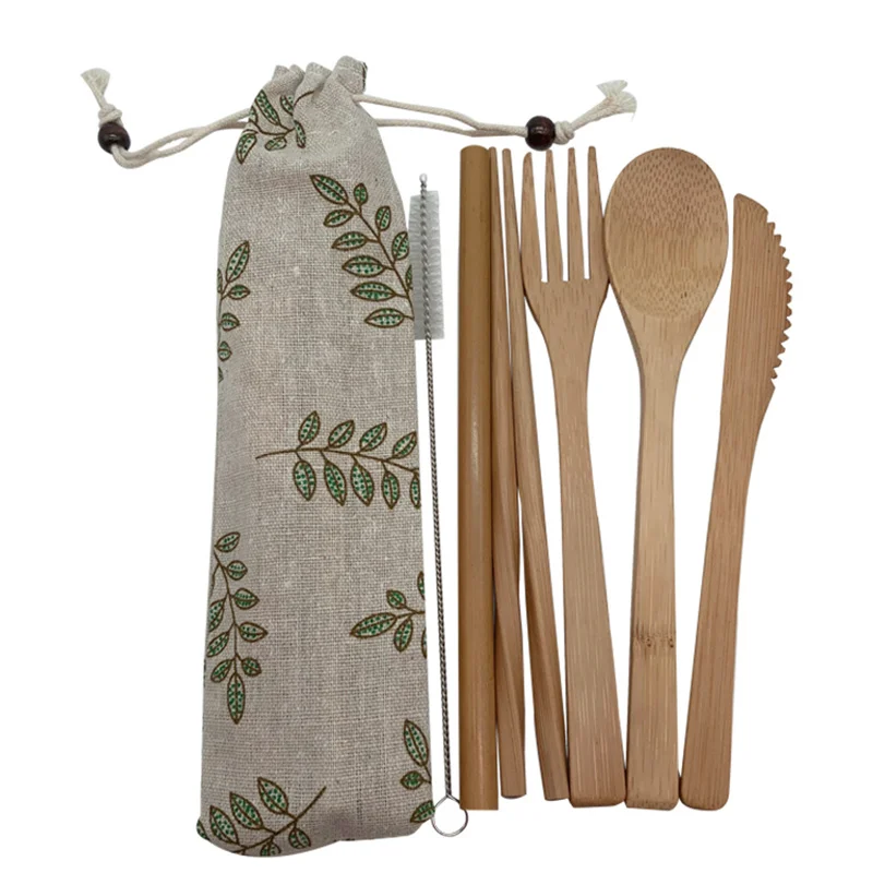 

Bamboo Cutlery Set Biodegradable Wooden Dinnerware Outdoor Portable Flatware Bamboo Tableware Set, Natural