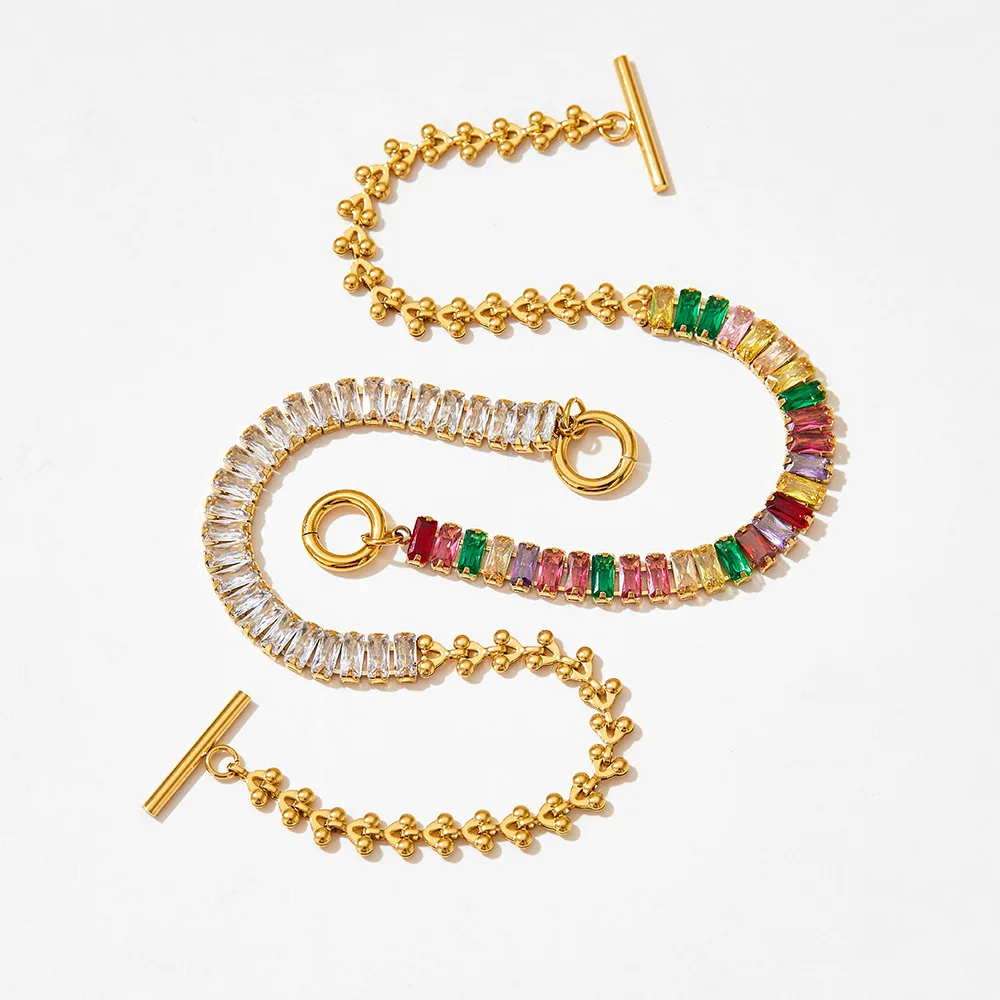 

Bling Bling Colorful Zirconia Stone Tennis Link Love Chain Stainless Steel Toggle Chain Bracelets Women