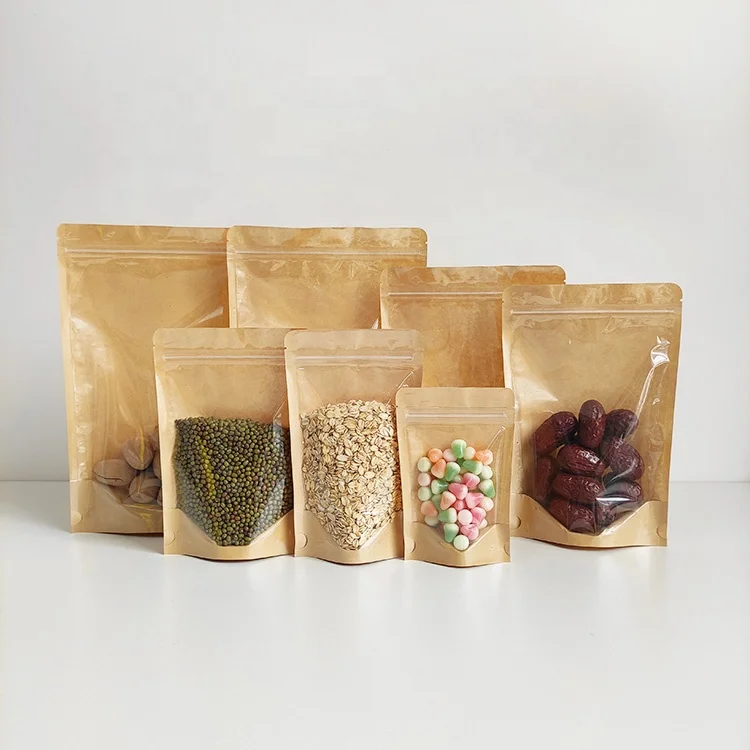 

15x22 cm plain clear front transparent brown craft kraft paper stand up pouch bag