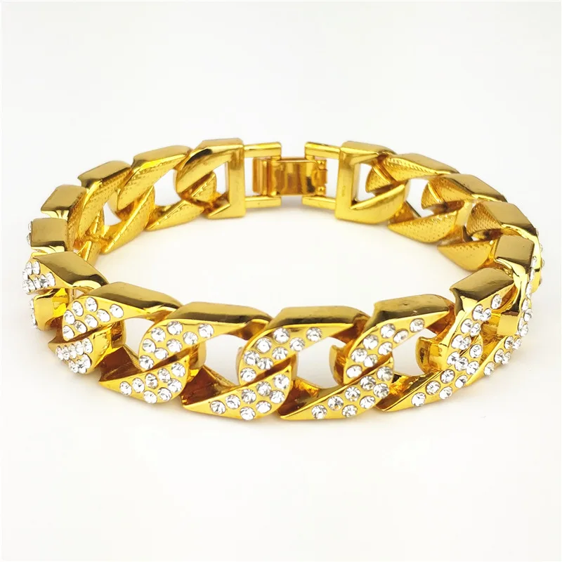 

High quality exaggerated alloy full diamond bracelet hip hop cuban link bracelet men bracelet, Gold