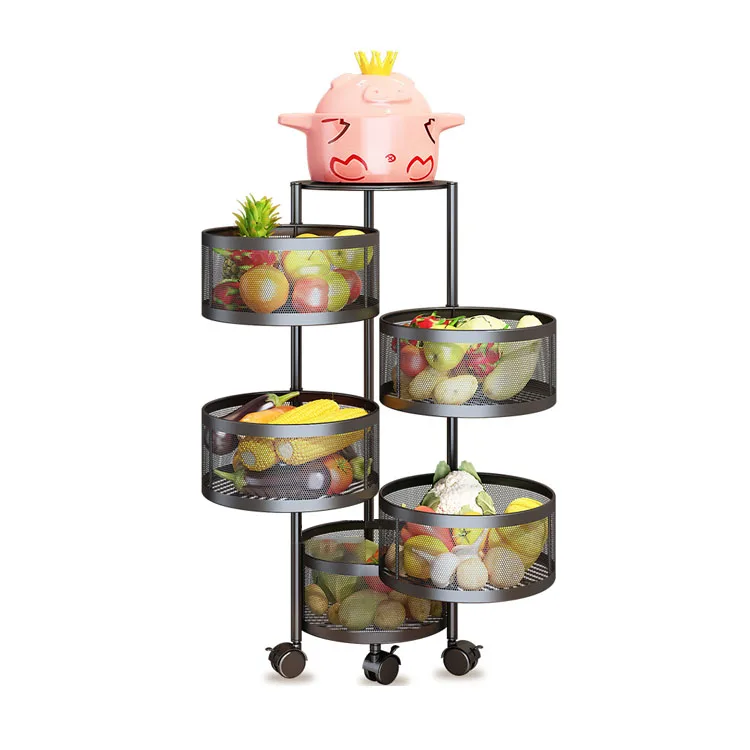 

Kitchen vegetable basket round movable round rotating rack, Black