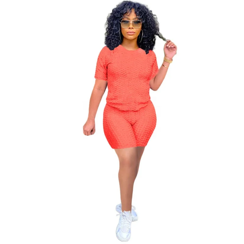 

Women Solid Color O-Neck T-Shirt High Waist Two-Piece Yoga Shorts Sports Sets, 12 colors