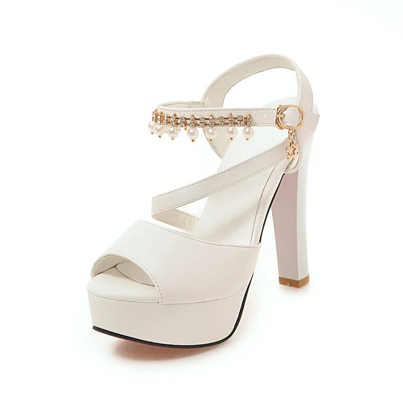 

Summer Peep Toe Rhinestone Pearls Elegant High Heel Ladies Buckle Strap Sandals Big Size, Pink/black/purple/white