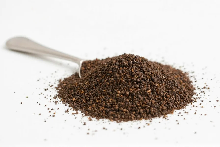 Close-up comparison of whole black peppercorns next to freshly ground pepper showing texture differences