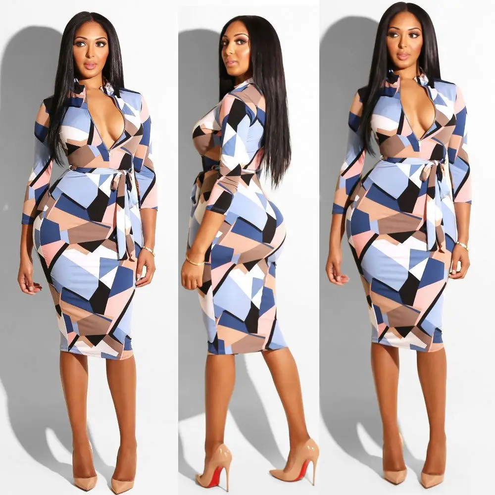 

FREE SAMPLE JHTH Irregular geometric pattern printing design zipper belt dress business casual style