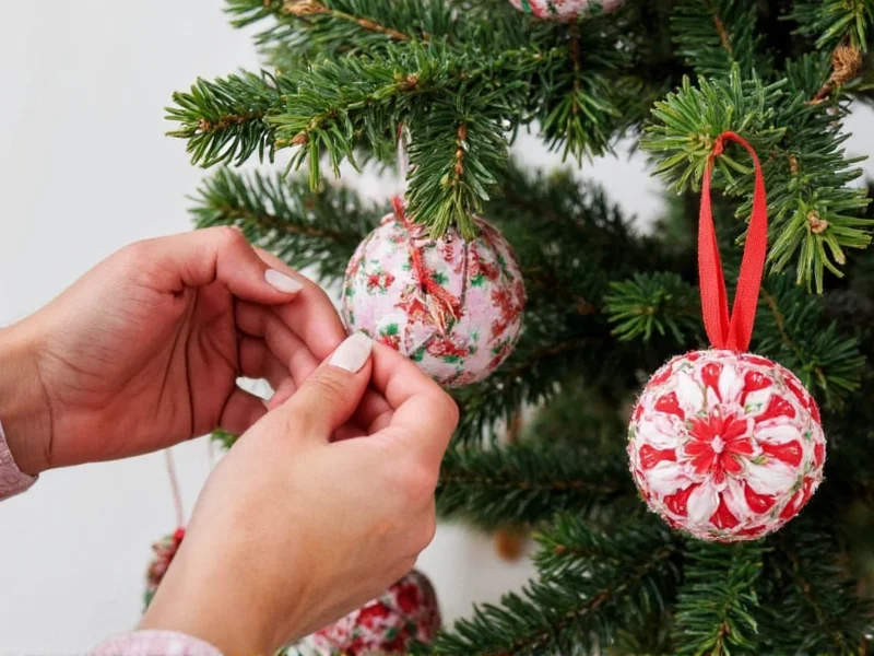 Hand arranging fabric scrap Christmas ornaments on tree