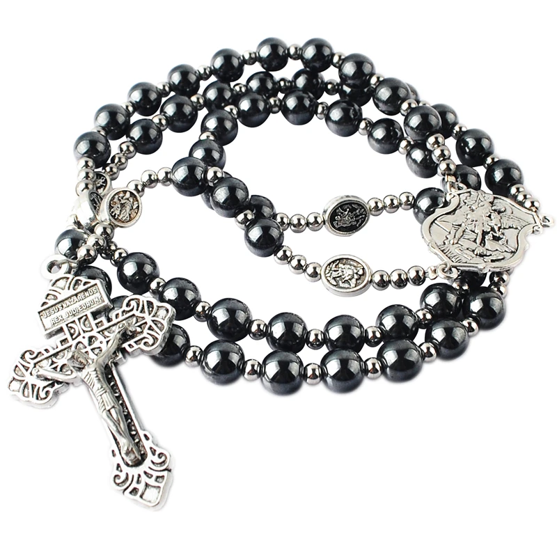 

8mm Hematite Rosary Beads with 4mm Stainless Steel Beads & St.Michael Glory Beads Catholic Rosary Necklace with Pardon Crucifix