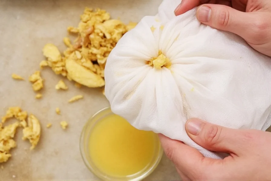 Hand squeezing ginger pulp through cheesecloth to extract fresh ginger juice