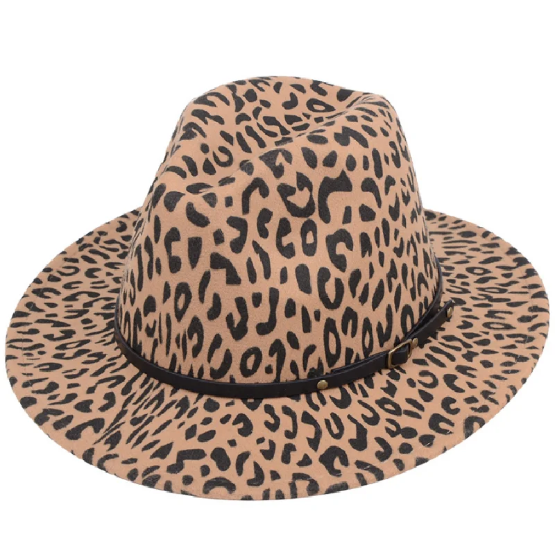 

Fashion Women Men Leopard Printing Jazz Hat Unisex Vintage Trilby Hat Wide Brim Felt Hats With Belt DOM112-20065