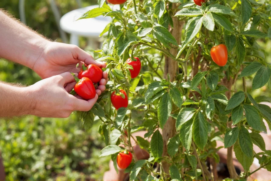 Home gardener harvesting ripe red bell peppers from a container garden on a sunny patio