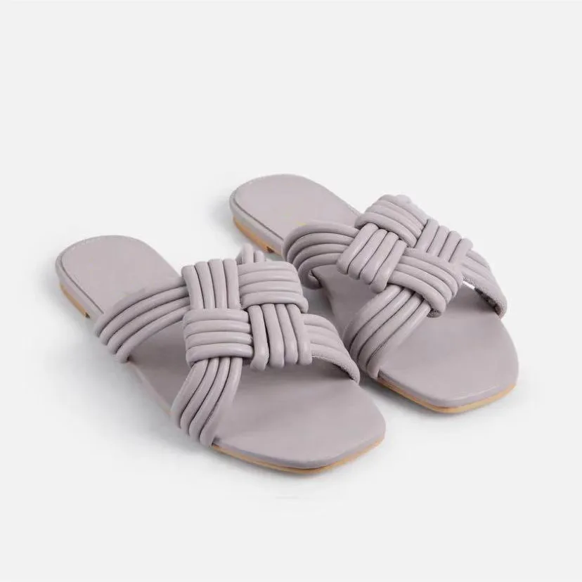 

Braided strap detail summer classy women flats slides street wear square peep toe lady slipper sandals female mules