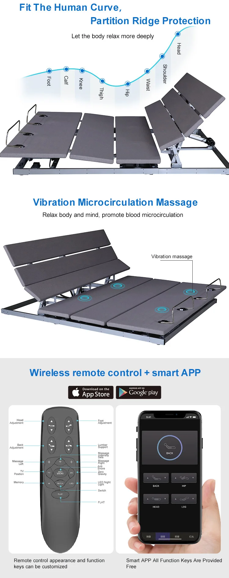 
L040 King Size Anti-snore Function Electric Steel Bed Base 
