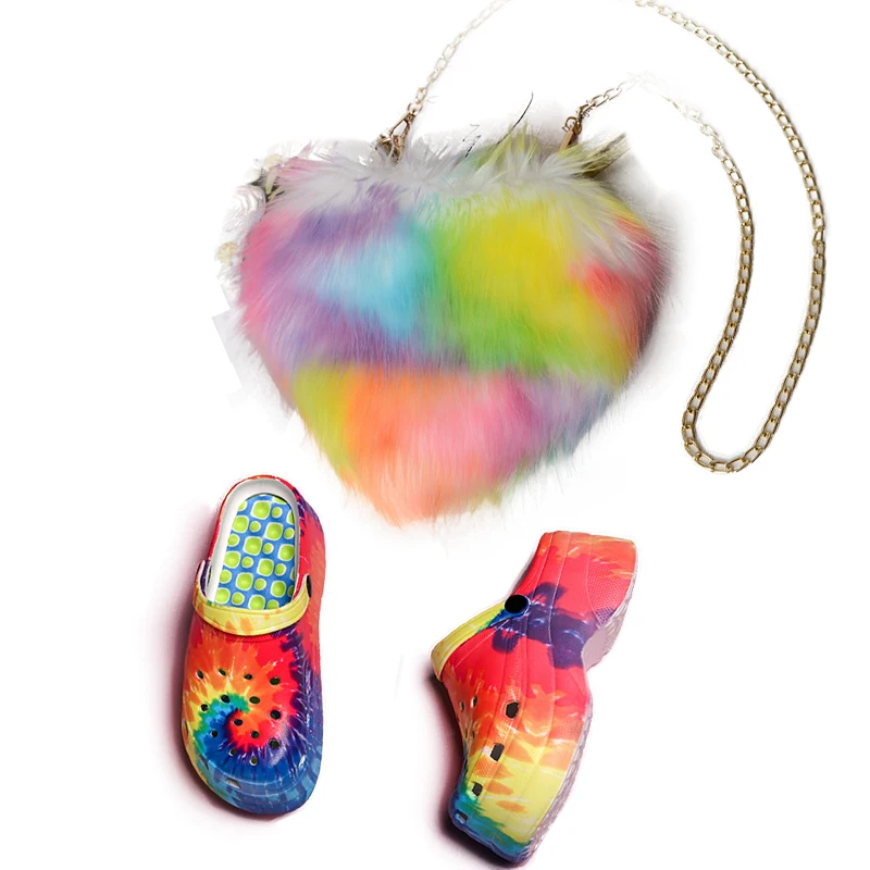 

2021 Hot Sweet Heart Rainbow Color Fur purse and sandal sets Furry slippers Handbags Sets Black Women purse and shoe sets, Rainbow colorful purse and sandal sets