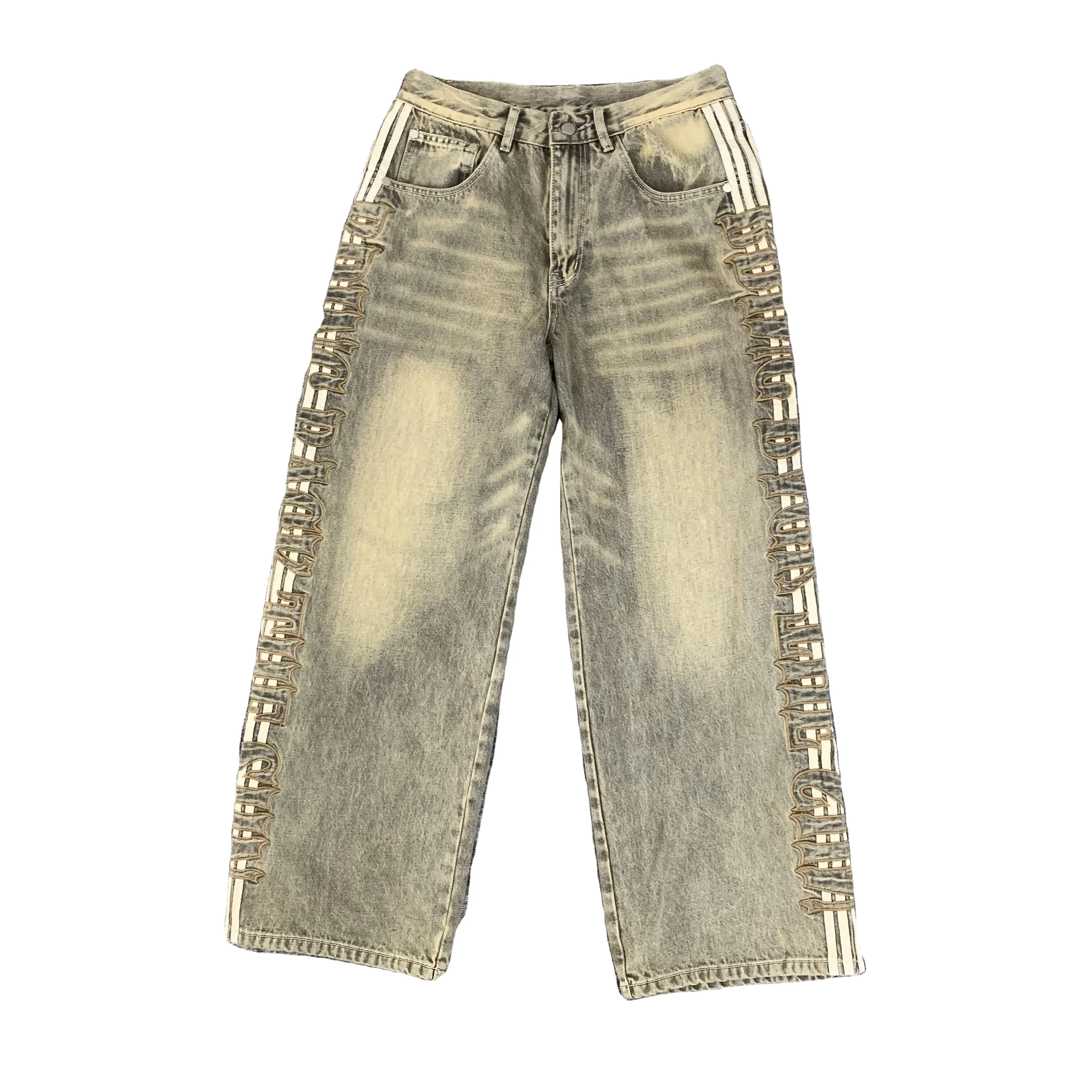 DENIMGUYS Custom Sun Faded Washed Side Stripe Baggy Trousers Mens Y2k Retro Pants Embroidery Applique Patch Wide Leg Denim Jeans