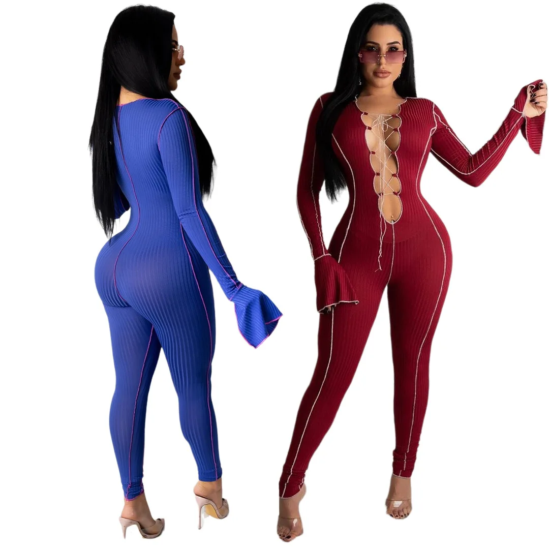 

Women Lace UP Ribbed Set Clothing Sexy Bodycon Bodysuits spring Women Flare Sleeve Set One Piece Jumpsuits And Romper, Red blue