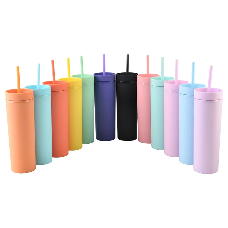 

New Style 16oz Plastic Water Cup BPA FREE Acrylic Water Bottle with Lid and Straw Matte Double Wall Skinny Tumbler