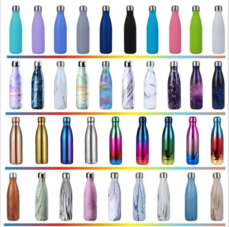 

Eco-Friendly double wall stainless steel insulated cola shape vacuum thermal sports chilly water bottle, Pink black white blue and silver