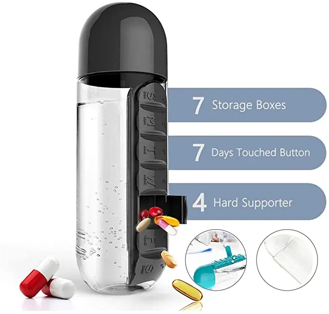 Portable Water Bottle Weekly Pill Cup Case , travel Multi Function Pill Bottle, Outdoor 7 Compartments pill Organizer box 20oz