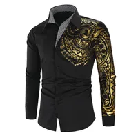 

Luxury Gold Black Shirt Men New Slim Fit Long Sleeve Gold Black Social Men Club Prom Shirt