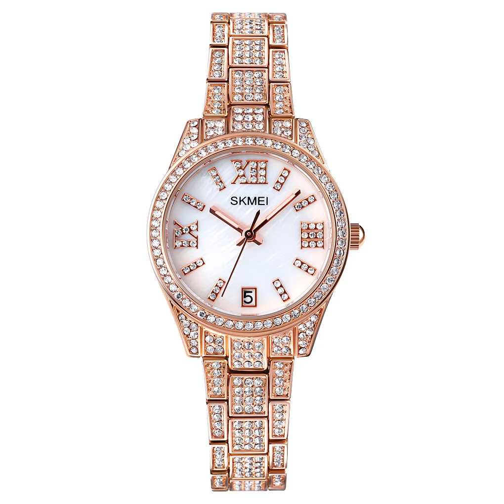 

moq 100 custom fashion arabic number dial diamond face 1741 japan quartz movement ladies women girl date wristwatches, Rose gold, silver, oem