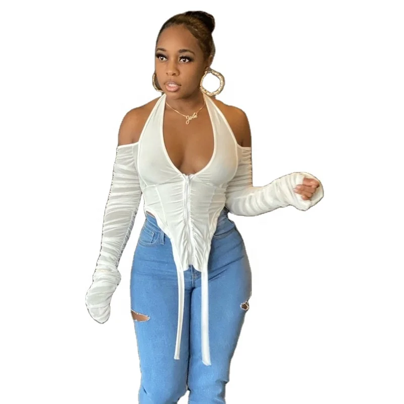 

Halter Neck Mesh Sleeve Zipper Front Blouse Top For Women