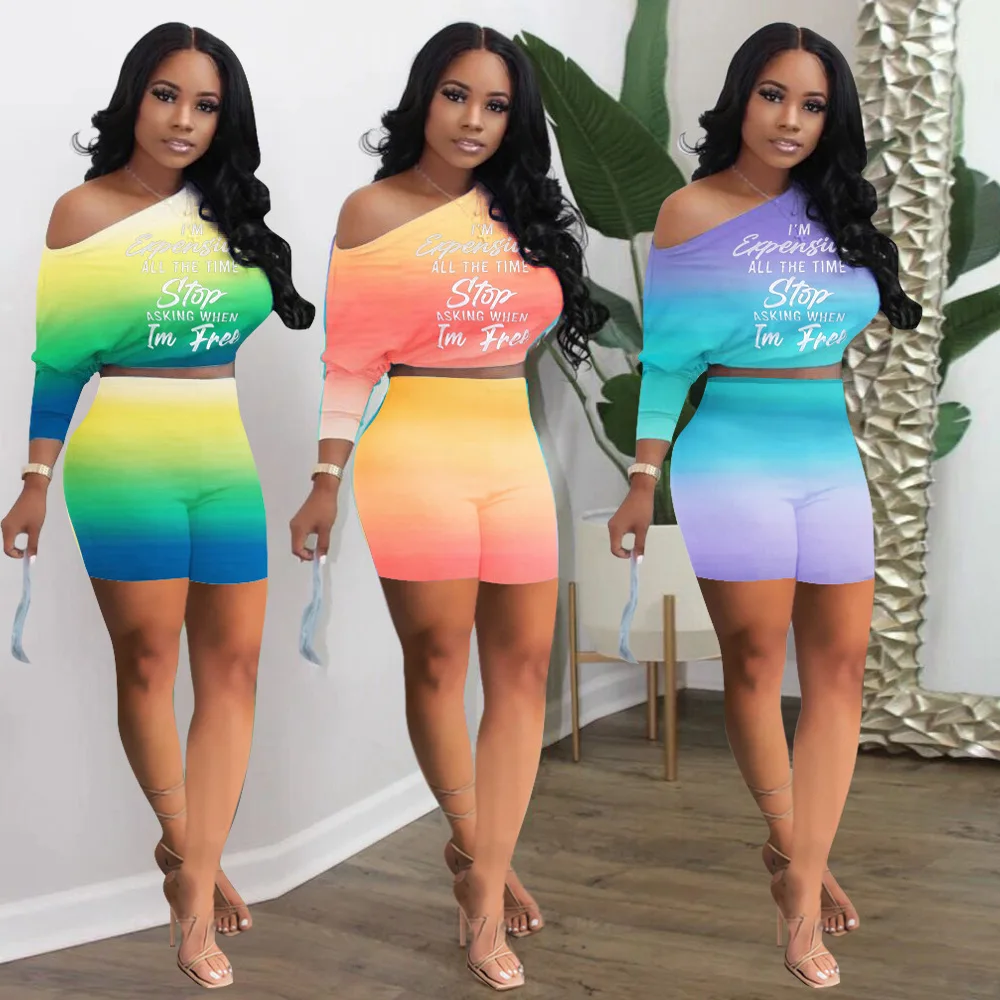 

DLL latest design 2021 summer sets for women clothing gradient color off shoulder short two piece set