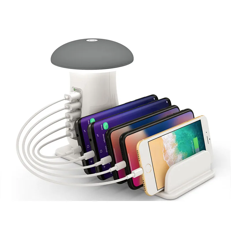 

Multi Ports USB Charging Station 5 Port Mushroom Lamp QC3.0 Charger Fast Charge Docking Station for Multiple Devices For Phone, White