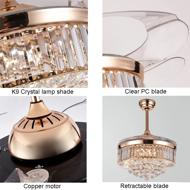 Details about   42" Modern Crystal Gold Invisible Ceiling Fan Lamp Remote Control LED Chandelier 