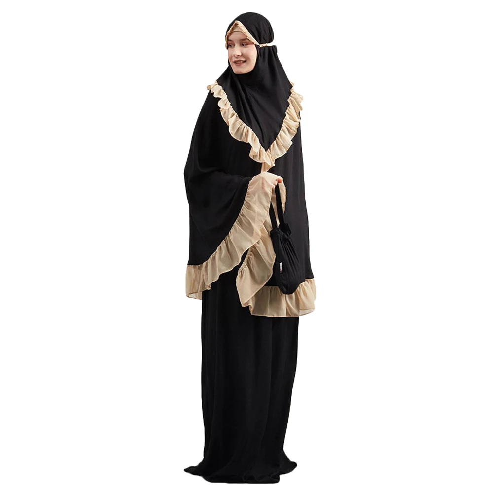 

Wholesale muslim ruffles prayer robe dubai kaftan abaya jilbab kimono 2 pieces suit mosque worship falbala robe with a bag, 3 colors